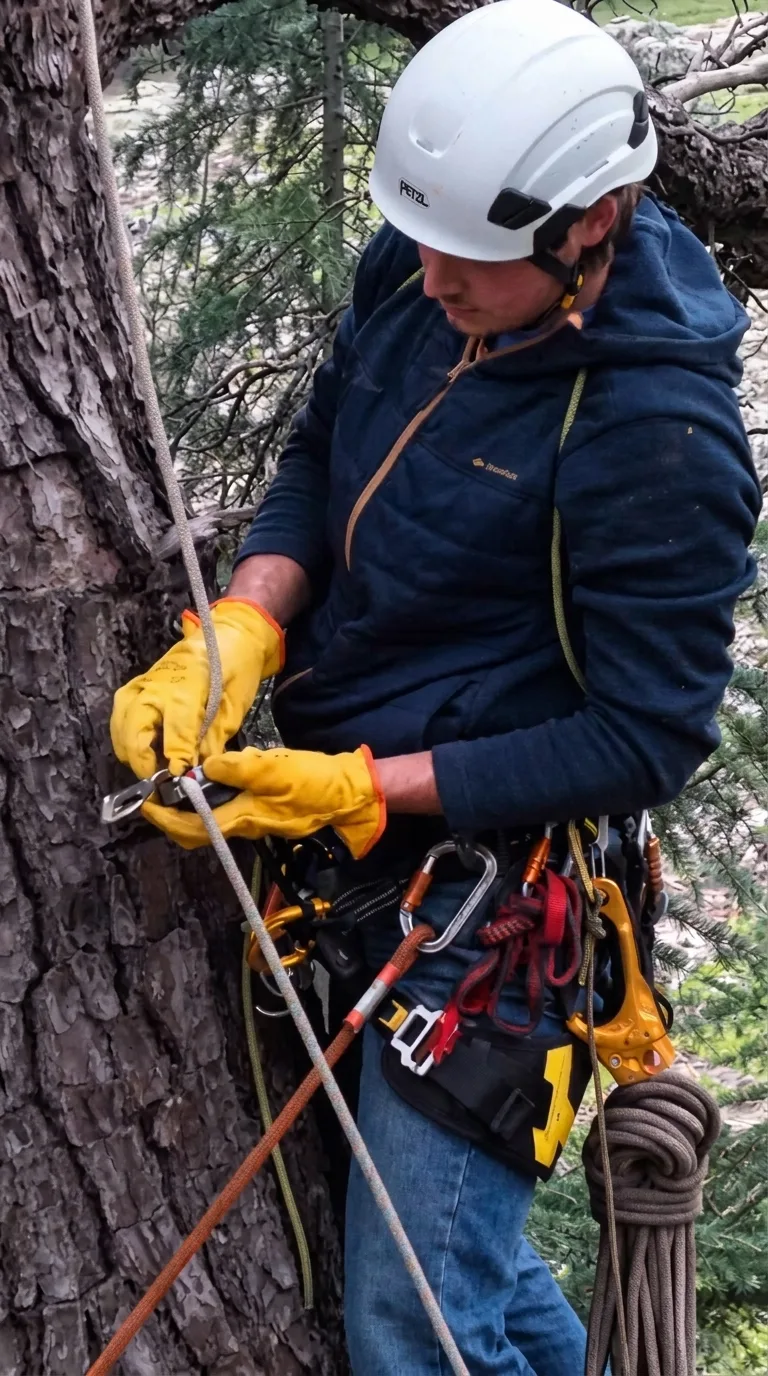 Arborista con casco, arnés y equipo trabajando en un árbol